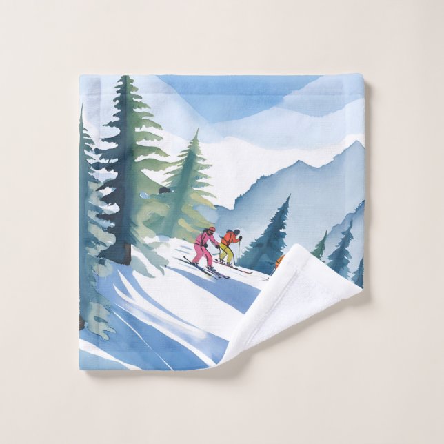 Allons Ski | Peinture Aquarelle d'Hiver (Gant de toilette)