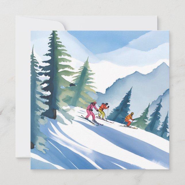 Allons Skier | Carte Aquarelle d'Hiver (Devant)