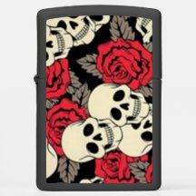 Allumeur mat noir de Zippo de crâne et de roses