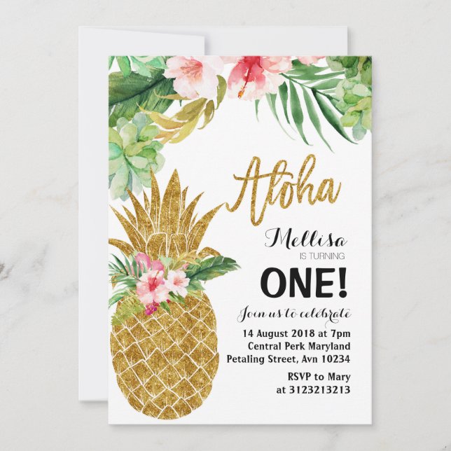 Aloha Gold Ananas Invitation premier anniversaire (Devant)