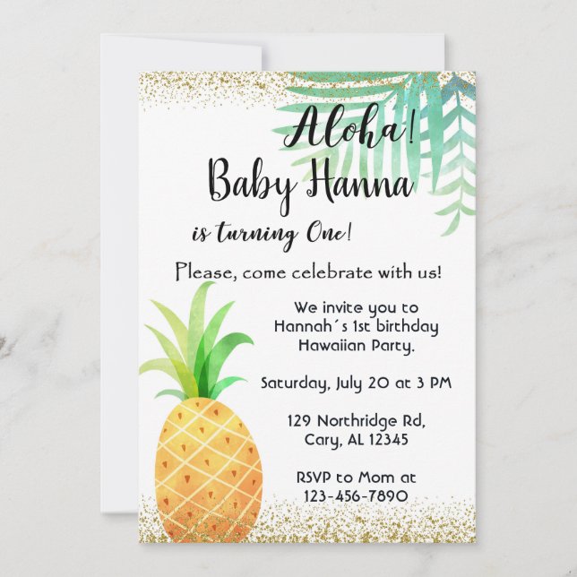 Aloha, invitation de fête d'anniversaire hawaïen,  (Devant)