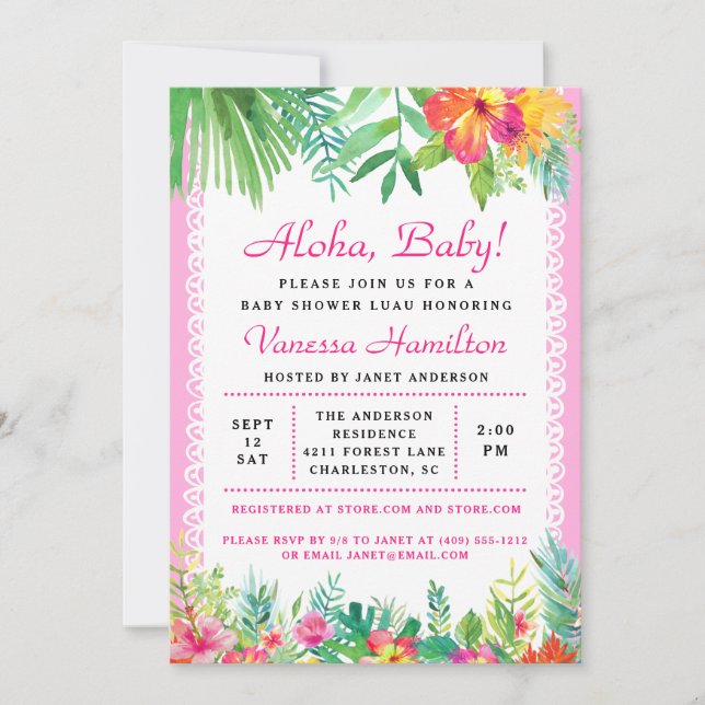 Aloha Luau Baby shower Invitation tropicale rose (Devant)