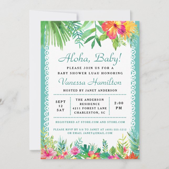 Aloha Luau Baby shower Invitation tropicale Turquo (Devant)