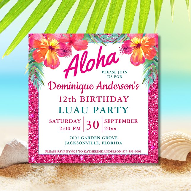 Aloha Luau Parties scintillant rose Carré tropical (Créateur téléchargé)