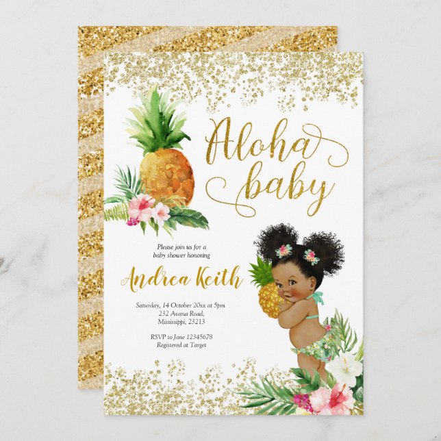 Aloha Pineapple Gold Tropical Pineapple Invitation (Devant / Derrière)