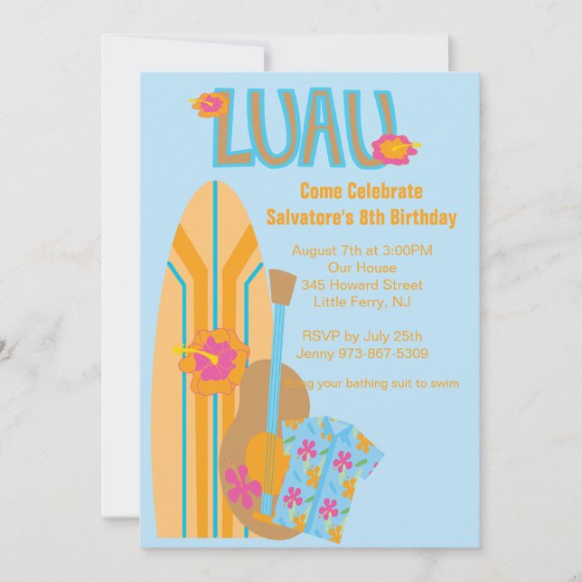 Aloha Surf Board Hawaiian Birthday Invitation (Devant)