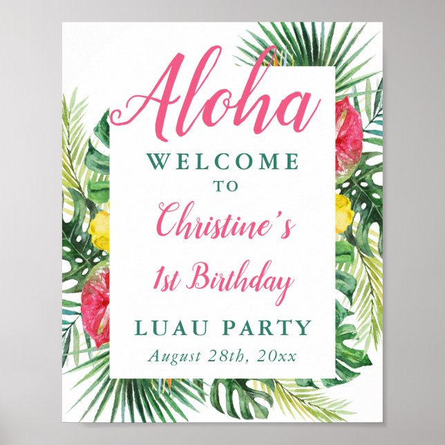 Aloha Tropical Greenery Luau Affiche de bienvenue  (Devant)