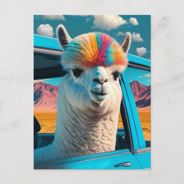 Alpaca amusant dans une carte postale d'art automo (Devant)
