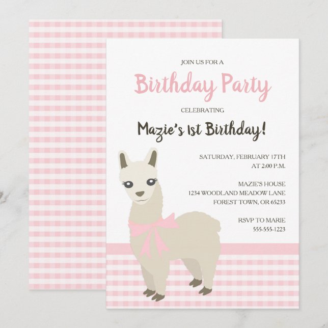 Alpaca rose Anniversaire Fête Invitation (Devant / Derrière)
