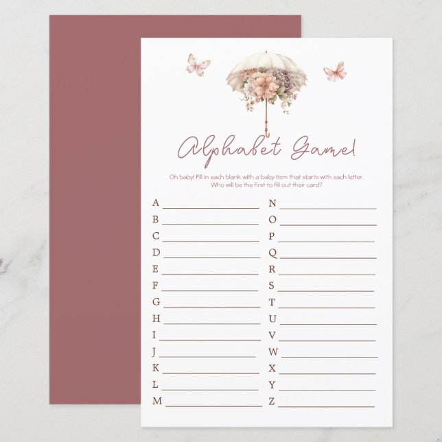 Alphabet de Baby shower de parapluie Vintage rose (Devant / Derrière)