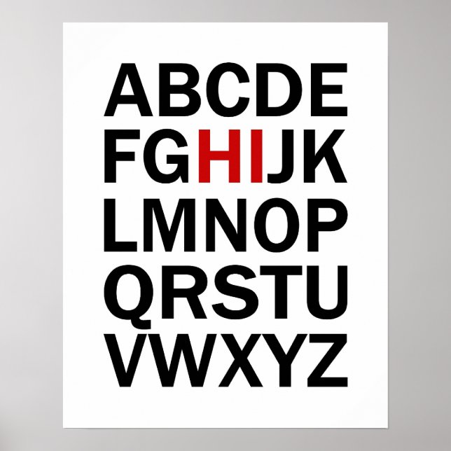 Alphabet HI imprimé ou affiche en noir et rouge (Devant)