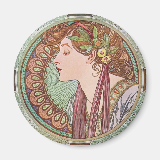 Alphonse Mucha Laurel Art Nouveau Magnet rond (Devant)