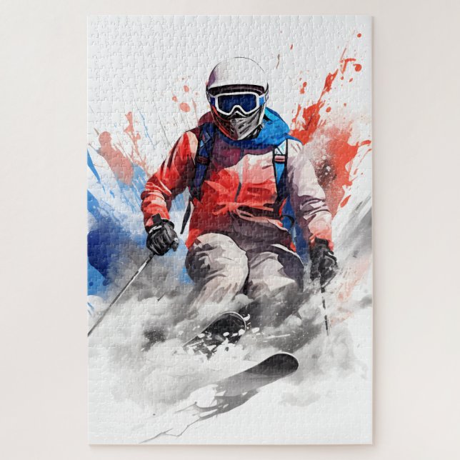 Alpine Adventure : Watercolor Skier Jigsaw Puzzle (Vertical)