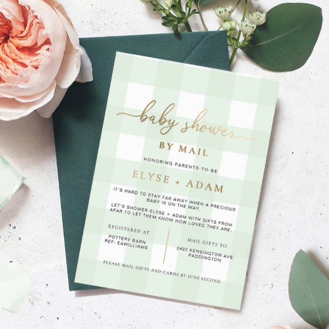 Aluminium Baby shower En vichy Vert Par Mail Foil Invitation (Baby Shower By Mail Invitation Mint Green Gingham )