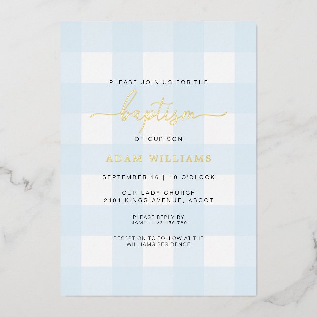 Aluminium Bleu En vichy Baptême Gold Foil Invitation (Recto)