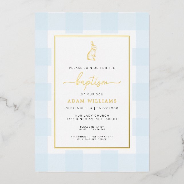 Aluminium Bunny Blue En vichy Baptême Gold Foil Invitation (Recto)