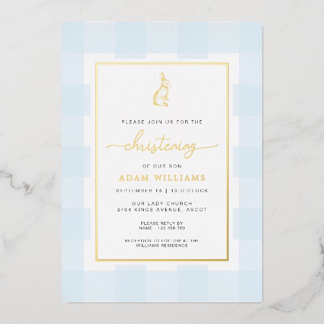 Aluminium Bunny Blue En vichy Christening Foil Invitation (Recto)