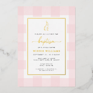 Aluminium Bunny Pink En vichy Baptême Gold Foil Invitation