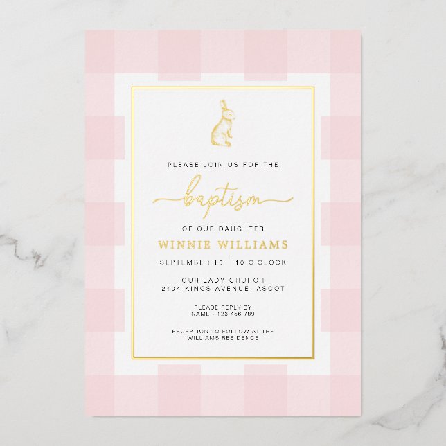 Aluminium Bunny Pink En vichy Baptême Gold Foil Invitation (Recto)