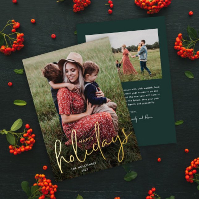 Aluminium Carte de vœux Joyeuses Fêtes en écriture moderne a (Simple modern photo holiday card with gold foil script greeting overlay and green backer.)