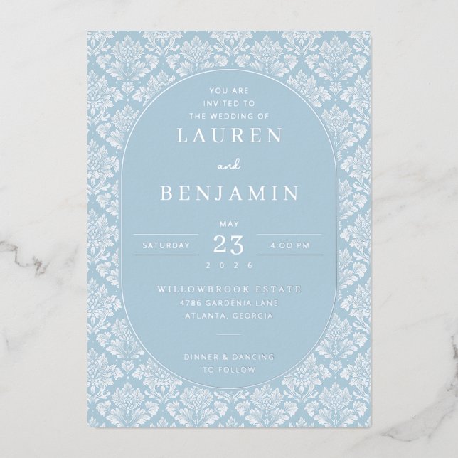 Aluminium Faire invitation de mariage en damas bleu (Recto)