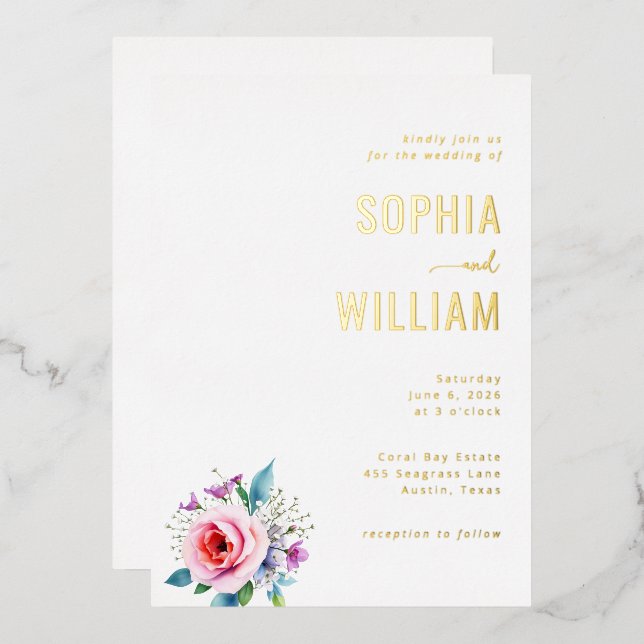 Aluminium Faire invitation de mariage florale en or (Recto/Verso)