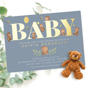 Aluminium Invitation à la baby shower de l'ours en miel bleu
