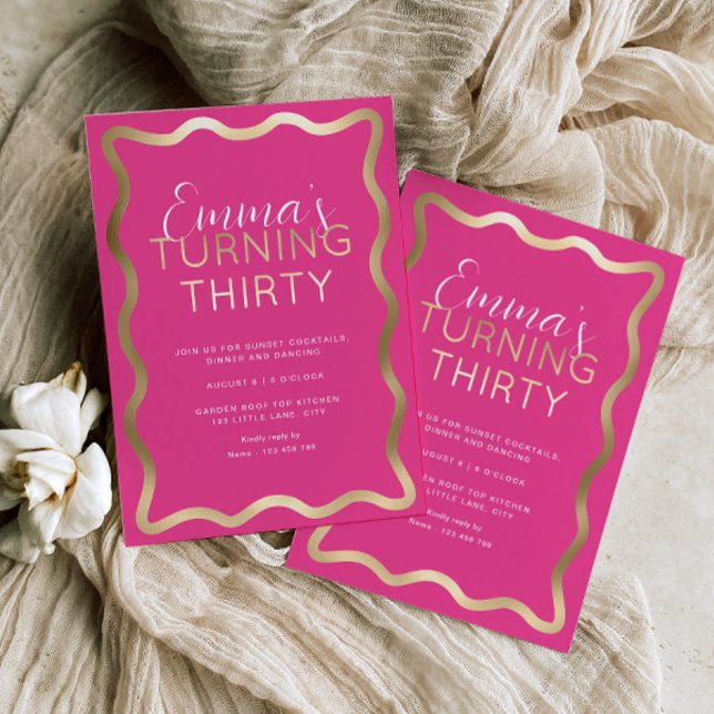 Aluminium Invitation anniversaire en feuille d'aluminium ros (Wave Hot Pink Gold Birthday Invitation)