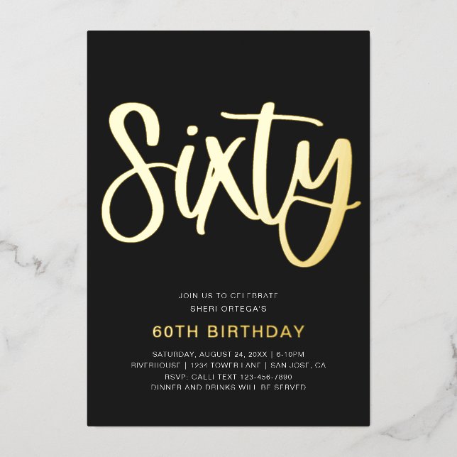 Aluminium Invitation d'anniversaire 60 ans en feuille d'or | (Recto)