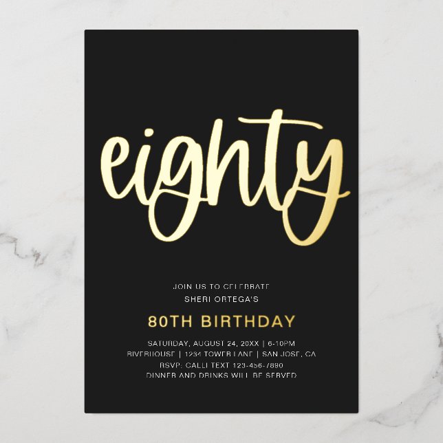 Aluminium Invitation d'anniversaire 80 ans en feuille d'or | (Recto)