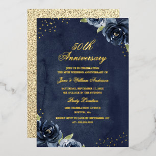 Aluminium Invitation d'anniversaire florale Navy Gold en feu