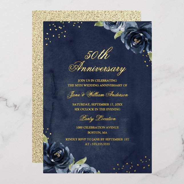 Aluminium Invitation d'anniversaire florale Navy Gold en feu (Recto/Verso)