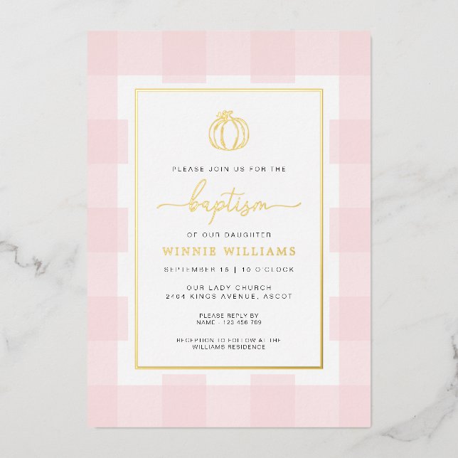 Aluminium Invitation de baptême en papier gaufré or Gingham  (Recto)