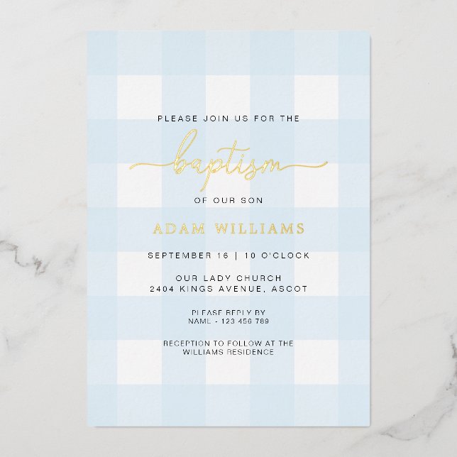 Aluminium Invitation de baptême en papier gingham bleu avec  (Recto)