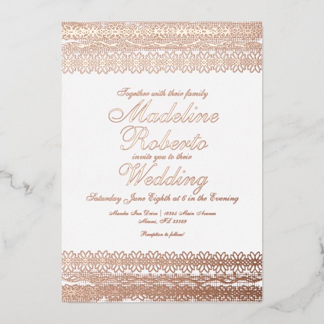 Aluminium Invitation de mariage élégante en dentelle avec fe (Recto)