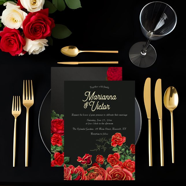 Aluminium Invitation de mariage élégante en rose et feuille  (Elegant Rose Wedding Foil Invitation on a background of a place setting at wedding.)
