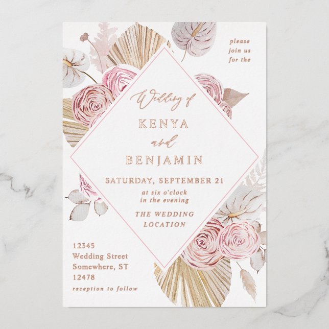 Aluminium Invitation de mariage florale boho rose en feuille (Recto)