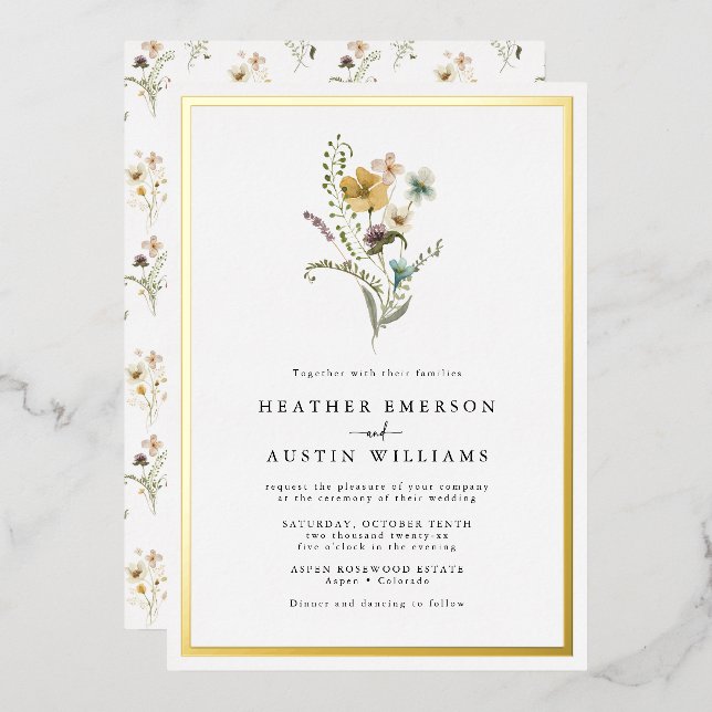 Aluminium Invitation de mariage florale en feuille d'or (Recto/Verso)