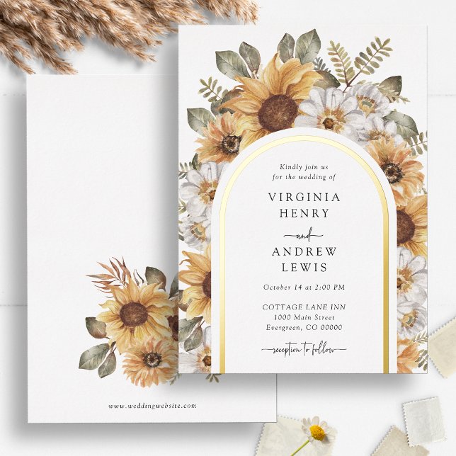Aluminium Invitation de mariage rustique en papier métallisé (Rustic Watercolor Sunflower Floral Wedding Gold Foil Invitation by Painted Paperie)