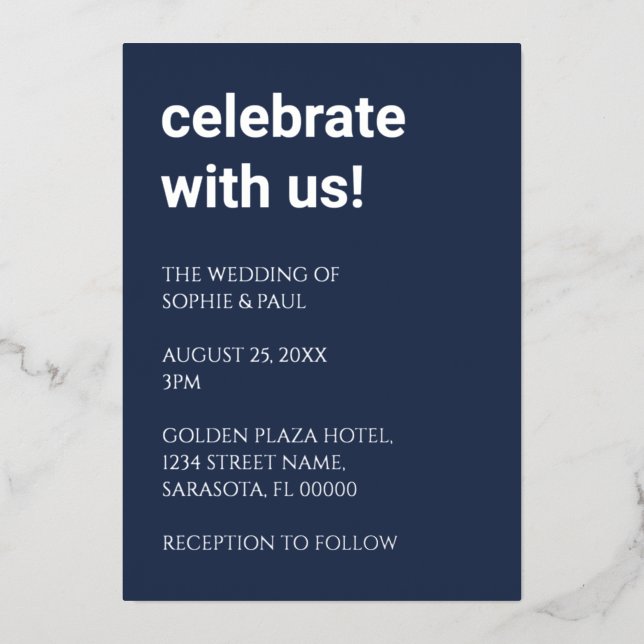 Aluminium Invitation de mariage simple en bleu marine avec f (Recto)