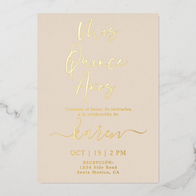 Aluminium Invitation de Quinceañera en véritable feuille d'o (Recto)