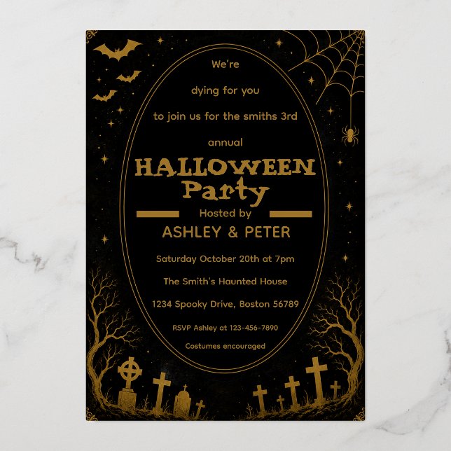 Aluminium Invitation éditable de fête d'Halloween en or (Recto)
