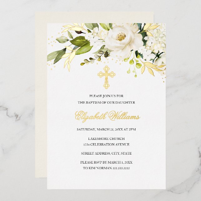 Aluminium Invitation en feuille d'or blanc floral pour baptê (Recto/Verso)