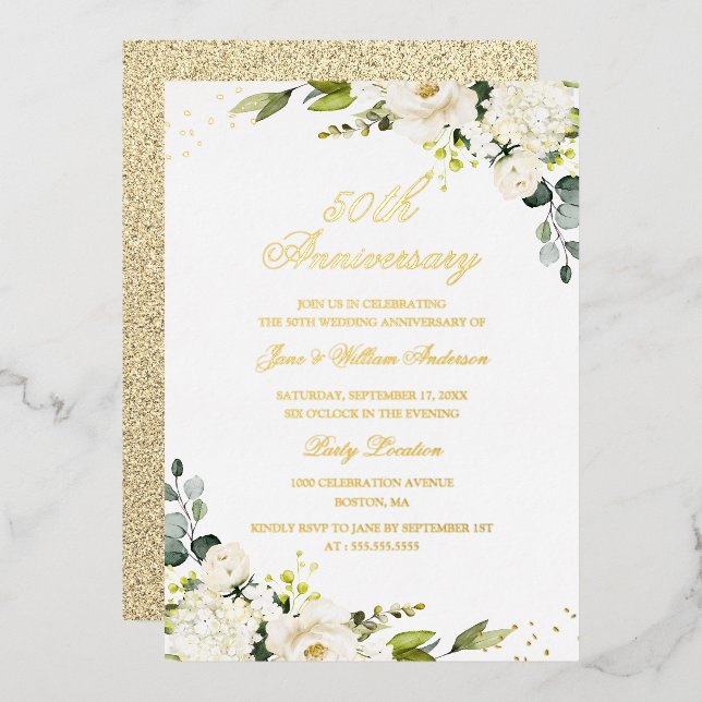 Aluminium Invitation en feuille d'or Fleur 50e anniversaire (Recto/Verso)