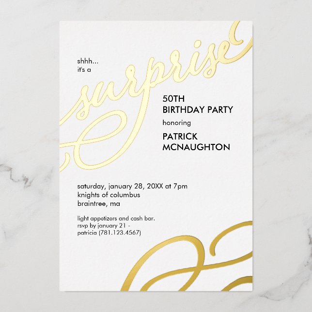 Aluminium Invitation en feuille d'or pour fête surprise (Recto)