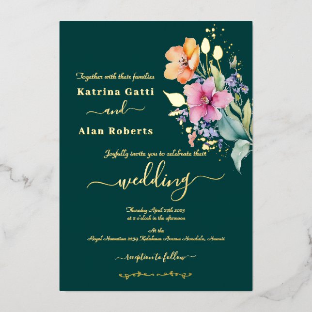Aluminium Invitation en feuille métallisée avec fleurs roses (Recto)
