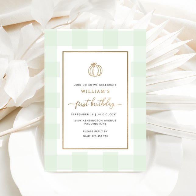 Aluminium Invitation en papier d'aluminium pour anniversaire (Pumpkin Mint Green Gingham First Birthday Invitation)