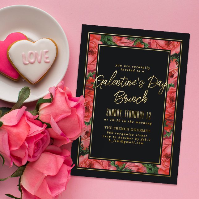 Aluminium Invitation Galentine's Day à cadre de rose en feui (Créateur téléchargé)