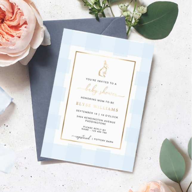 Aluminium Lapin lapin bleu En vichy Baby shower Invitation à (Blue Gingham Bunny Rabbit Baby Shower Invitation Gold Foil)