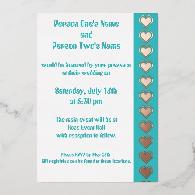 Aluminium Nos Coeurs 8 bits en Invitation Turquoise Foil (Recto)